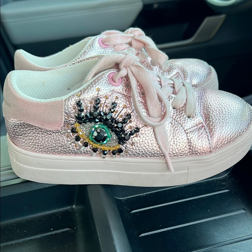Kurt Geiger Pink Glitter Kids Shoes with Eye Design